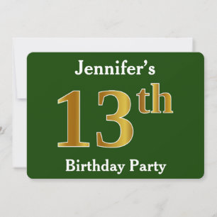 Invitación Green, Faux Gold 13th Birthday Party + Custom Name