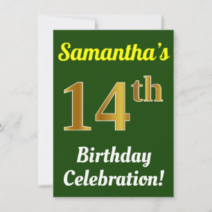 Invitación Green, Faux Gold 14th Birthday Celebration + Name