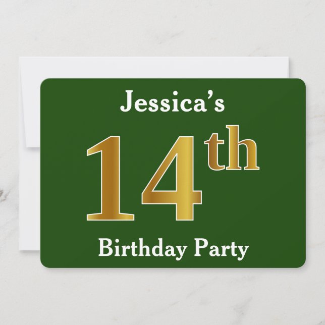 Invitación Green, Faux Gold 14th Birthday Party + Custom Name (Anverso)