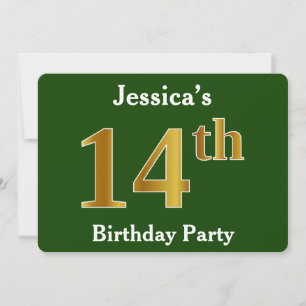 Invitación Green, Faux Gold 14th Birthday Party + Custom Name