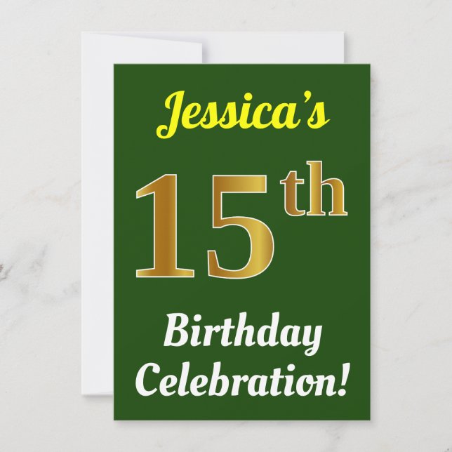 Invitación Green, Faux Gold 15th Birthday Celebration + Name (Anverso)
