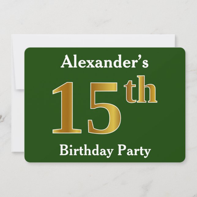 Invitación Green, Faux Gold 15th Birthday Party + Custom Name (Anverso)