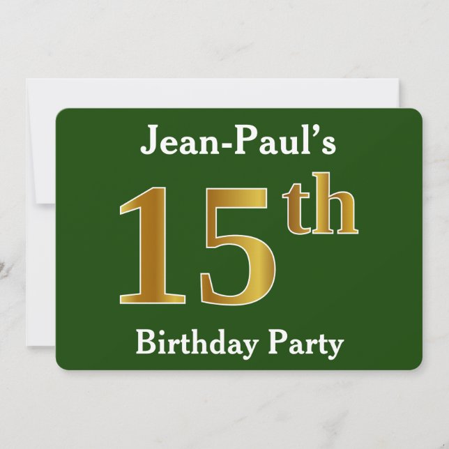 Invitación Green, Faux Gold 15th Birthday Party + Custom Name (Anverso)