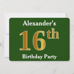 Invitación Green, Faux Gold 16th Birthday Party + Custom Name