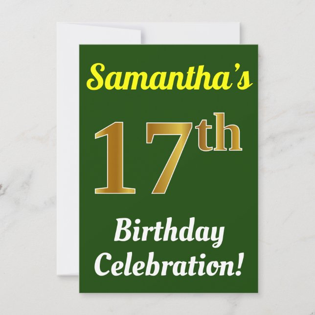 Invitación Green, Faux Gold 17th Birthday Celebration + Name (Anverso)