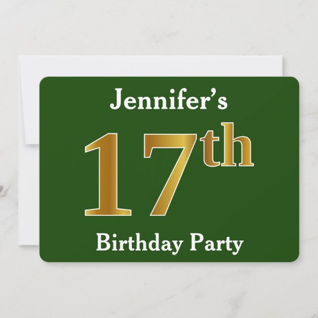 Invitación Green, Faux Gold 17th Birthday Party + Custom Name (Anverso)