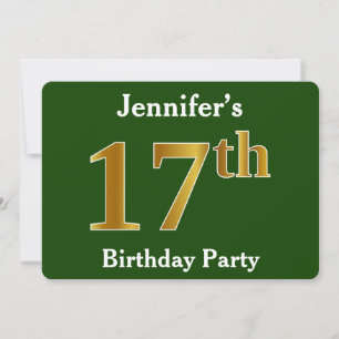 Invitación Green, Faux Gold 17th Birthday Party + Custom Name
