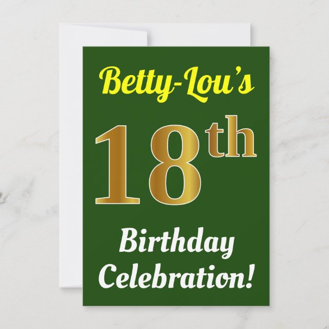 Invitación Green, Faux Gold 18th Birthday Celebration + Name (Anverso)