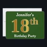 Invitación Green, Faux Gold 18th Birthday Party   Custom Name<br><div class="desc">Este diseño de invitación presenta el número ordinal "18th" con un aspecto falso dorado. También cuenta con un nombre personalizado y un fondo de color verde. Los detalles del evento en la parte posterior se pueden personalizar. Podría ser usado para invitar a la gente a la fiesta de 18 años...</div>