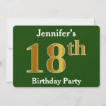 Invitación Green, Faux Gold 18th Birthday Party   Custom Name<br><div class="desc">Este diseño de invitación presenta el número ordinal "18th" con un aspecto falso dorado. También cuenta con un nombre personalizado y un fondo de color verde. Los detalles del evento en la parte posterior se pueden personalizar. Podría ser usado para invitar a la gente a la fiesta de 18 años...</div>