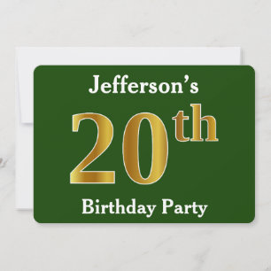 Invitación Green, Faux Gold 20th Birthday Party + Custom Name