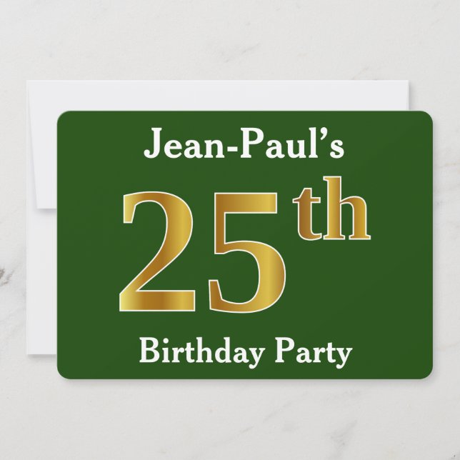 Invitación Green, Faux Gold 25th Birthday Party + Custom Name (Anverso)