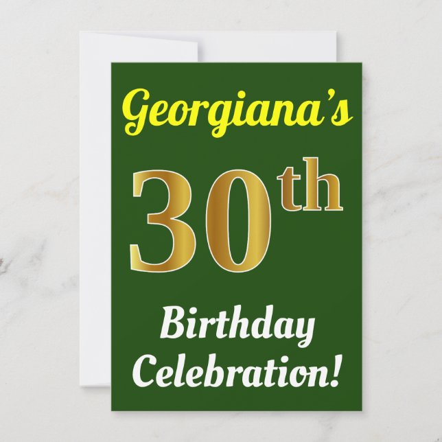 Invitación Green, Faux Gold 30th Birthday Celebration + Name (Anverso)
