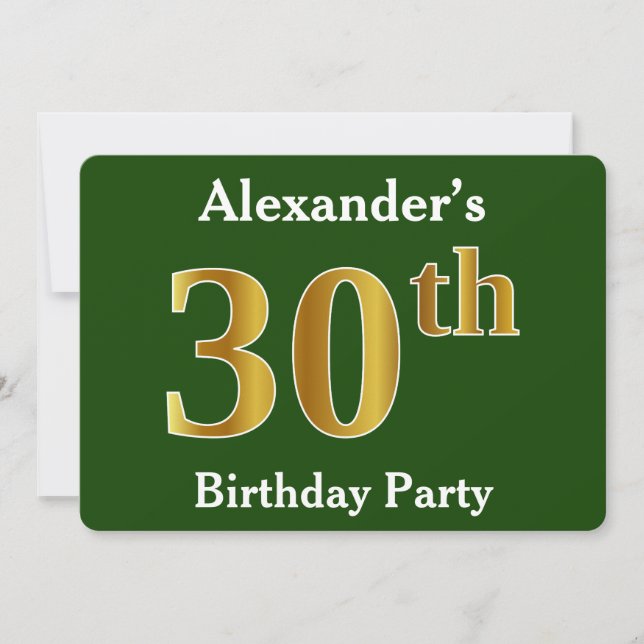 Invitación Green, Faux Gold 30th Birthday Fiesta + Custom Nam (Anverso)
