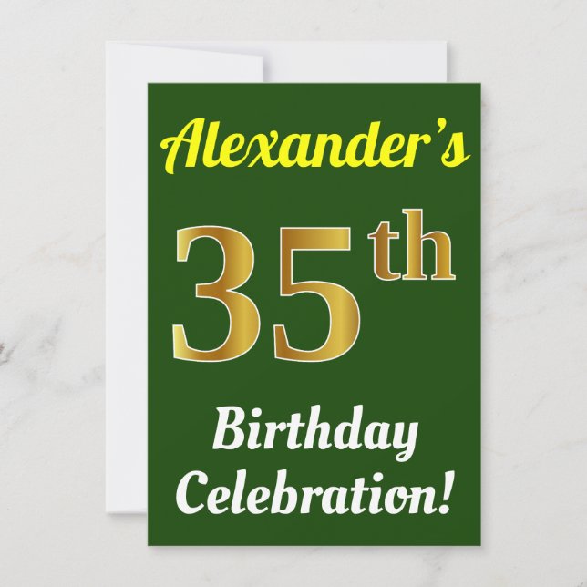 Invitación Green, Faux Gold 35th Birthday Celebration + Name (Anverso)