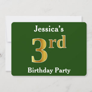 Invitación Green, Faux Gold 3Birthday Fiesta + Custom Name