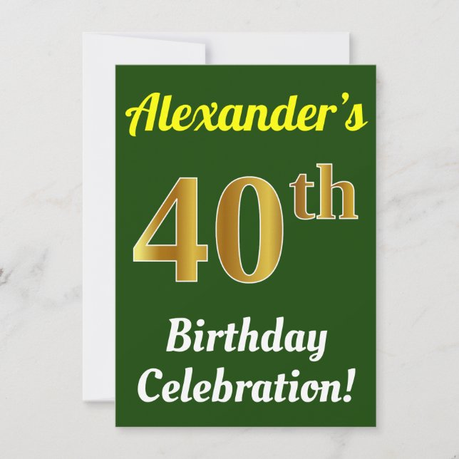 Invitación Green, Faux Gold 40th Birthday Celebration + Name (Anverso)