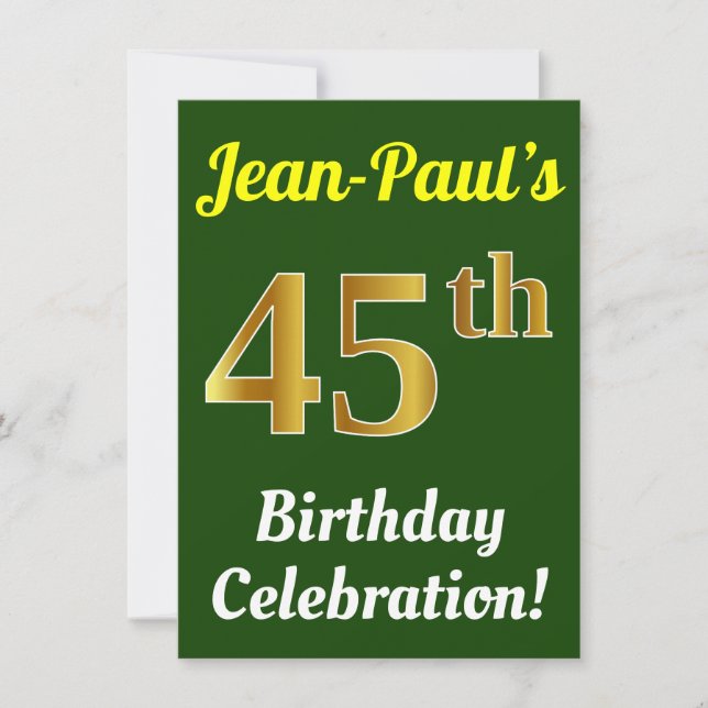 Invitación Green, Faux Gold 45th Birthday Celebration + Name (Anverso)