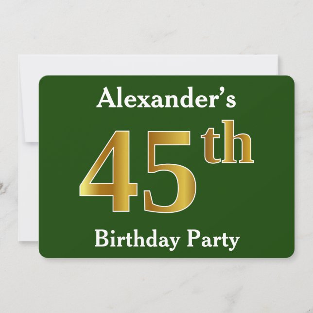 Invitación Green, Faux Gold 45th Birthday Party + Custom Name (Anverso)