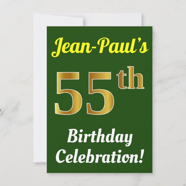 Invitación Green, Faux Gold 55th Birthday Celebration + Name (Anverso)