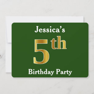 Invitación Green, Faux Gold 5 Birday Party + Custom Name