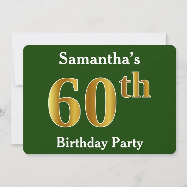 Invitación Green, Faux Gold 60th Birthday Party + Custom Name (Anverso)