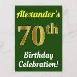 Invitación Green, Faux Gold 70th Birthday Celebration   Name<br><div class="desc">Este diseño de invitación para fiestas de cumpleaños incluye un mensaje como "¡La celebración de cumpleaños número 70 de Alexander!", donde el nombre se puede personalizar, y donde el número "70" tiene una apariencia falsa de oro. También cuenta con un fondo de color verde. Los detalles del evento en la...</div>