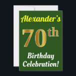 Invitación Green, Faux Gold 70th Birthday Celebration   Name<br><div class="desc">Este diseño de invitación para fiestas de cumpleaños incluye un mensaje como "¡La celebración de cumpleaños número 70 de Alexander!", donde el nombre se puede personalizar, y donde el número "70" tiene una apariencia falsa de oro. También cuenta con un fondo de color verde. Los detalles del evento en la...</div>