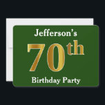 Invitación Green, Faux Gold 70th Birthday Party   Custom Name<br><div class="desc">Este diseño de invitación presenta el número ordinal "70" con un aspecto falso dorado. También cuenta con un nombre personalizado y un fondo de color verde. Los detalles del evento en la parte posterior se pueden personalizar. Podría ser usado para invitar a la gente a la fiesta de cumpleaños setenta...</div>