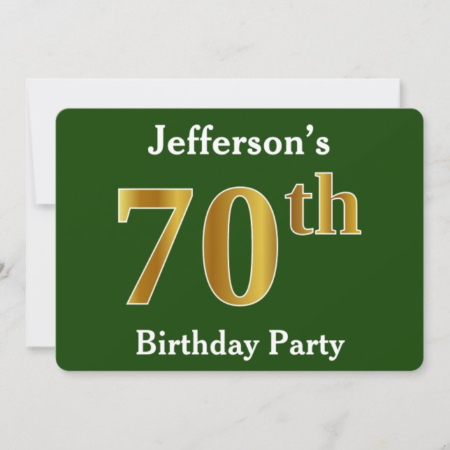 Invitación Green, Faux Gold 70th Birthday Party + Custom Name (Anverso)