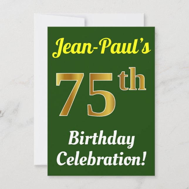 Invitación Green, Faux Gold 75th Birthday Celebration + Name (Anverso)