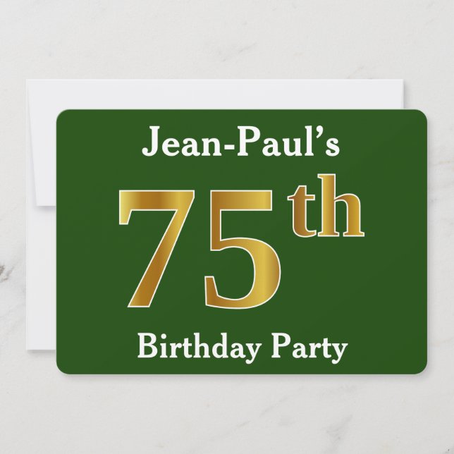 Invitación Green, Faux Gold 75th Birthday Party + Custom Name (Anverso)