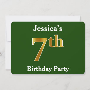 Invitación Green, Faux Gold 7Cumpleaños Party + Custom Name