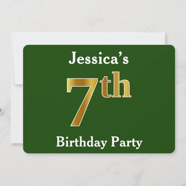 Invitación Green, Faux Gold 7Cumpleaños Party + Custom Name (Anverso)