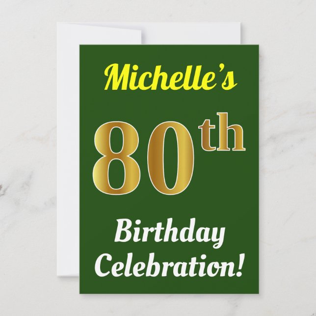 Invitación Green, Faux Gold 80th Birthday Celebration + Name (Anverso)