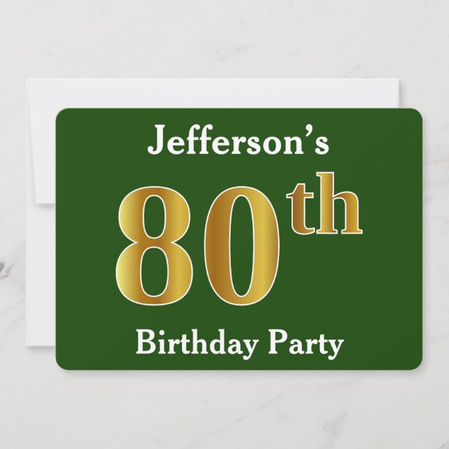 Invitación Green, Faux Gold 80th Birthday Party + Custom Name (Anverso)
