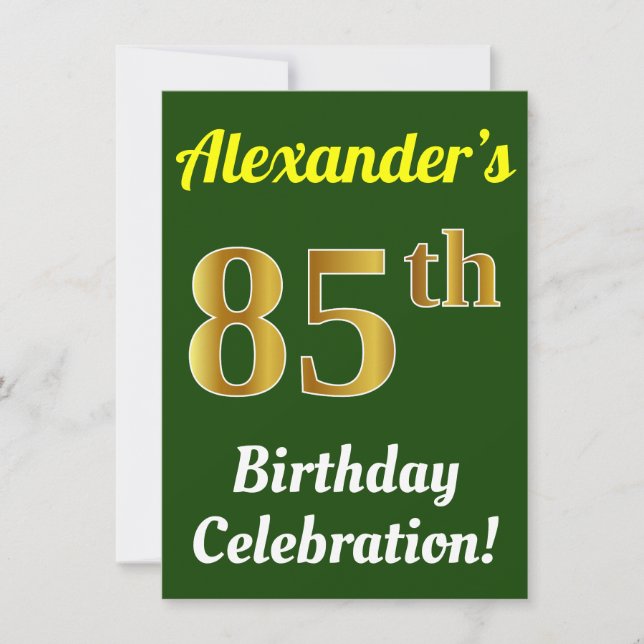 Invitación Green, Faux Gold 85th Birthday Celebration + Name (Anverso)