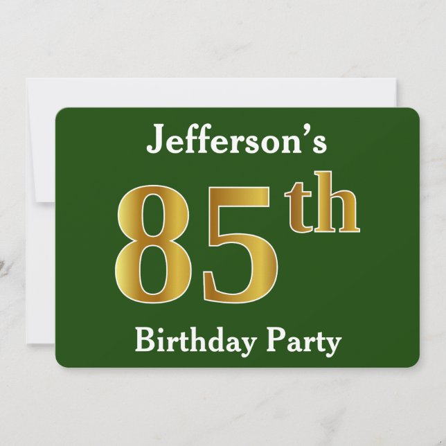Invitación Green, Faux Gold 85th Birthday Party + Custom Name (Anverso)