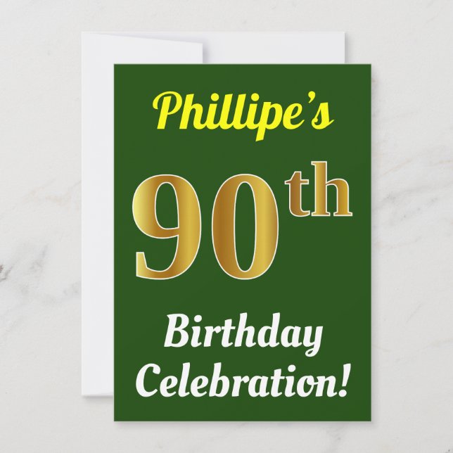 Invitación Green, Faux Gold 90th Birthday Celebration + Name (Anverso)