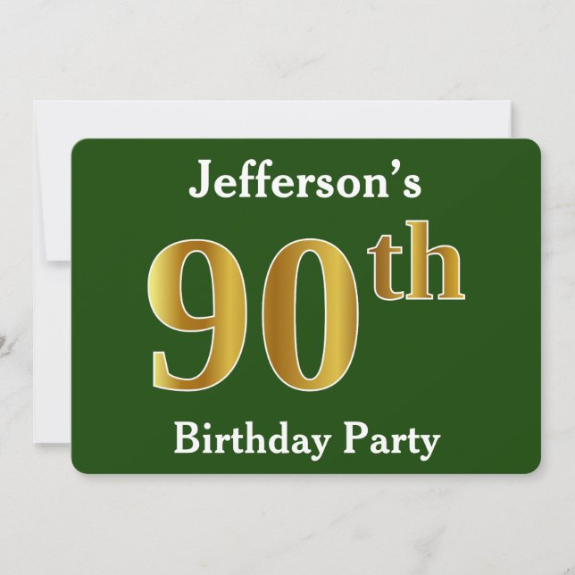 Invitación Green, Faux Gold 90th Birthday Party + Custom Name (Anverso)