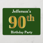 Invitación Green, Faux Gold 90th Birthday Party   Custom Name<br><div class="desc">Este diseño de invitación presenta el número ordinal "90" con un aspecto falso dorado. También tiene un nombre de personalizable y un fondo de color verde. Los detalles del evento en la parte posterior se pueden personalizar. Se podría usar para invitar a la gente a la fiesta de cumpleaños número...</div>