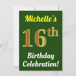 Invitación Green, Faux Gold Celebración de cumpleaños 16 + No