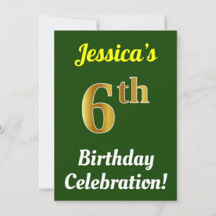 Invitación Green, Faux Gold Celebración de cumpleaños 6 + Nom