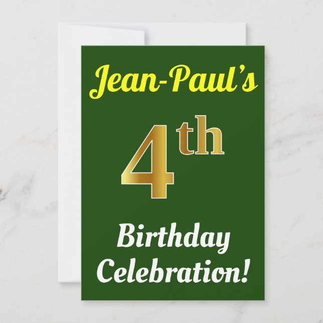 Invitación Green, Faux Gold Celebración del Cuarto Cumpleaños (Anverso)