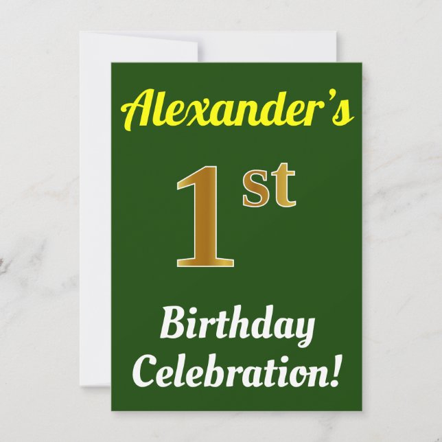 Invitación Green, Faux Gold Celebración del primer cumpleaños (Anverso)