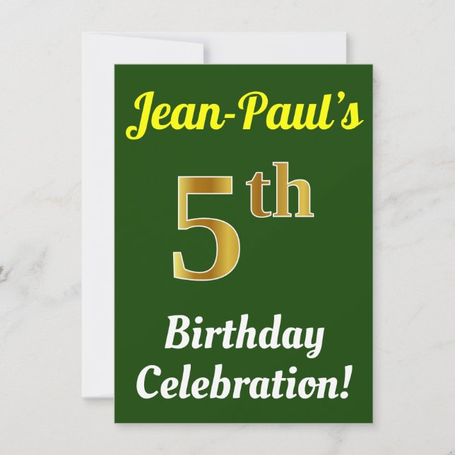 Invitación Green, Faux Gold Celebración del quinto cumpleaños (Anverso)