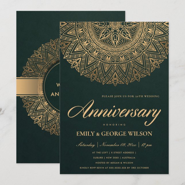 INVITACIÓN GREEN FAUX GOLD MANDALA CUALQUIER AÑO 50 ANIVERSAR (Anverso / Reverso)