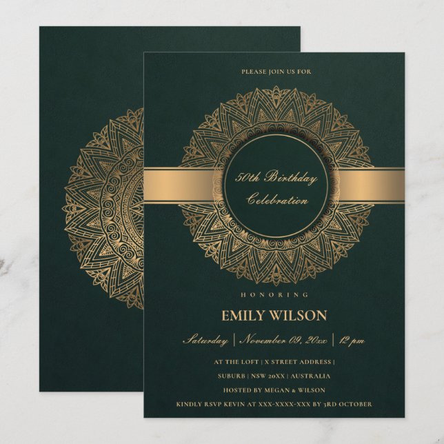 INVITACIÓN GREEN FAUX GOLD MANDALA CUALQUIER AÑO 50 CUMPLEAÑO (Anverso / Reverso)