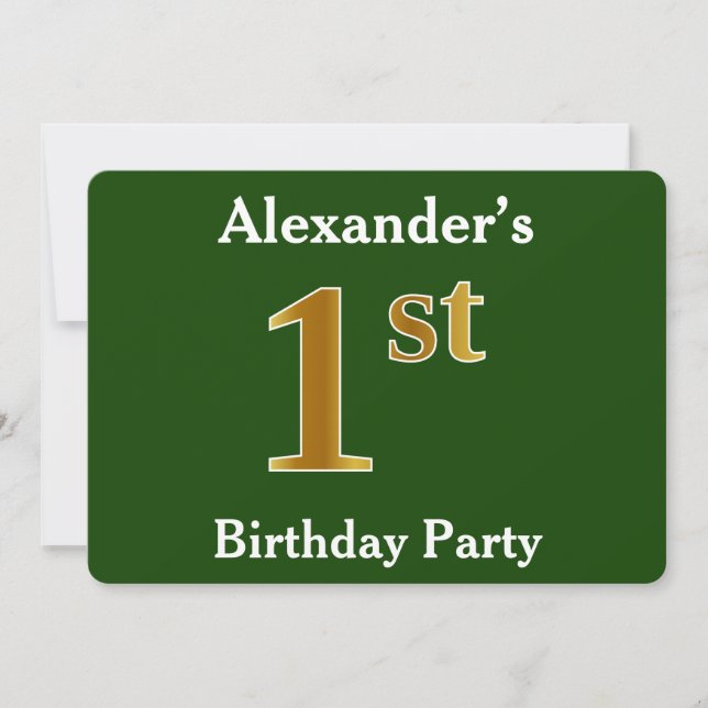 Invitación Green, Faux Gold Primer Fiesta de cumpleaños + Nom (Anverso)