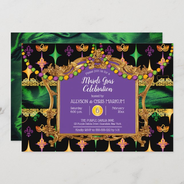 Invitación Green | Fiesta Gold Elegent Floral Mardi Gras (Anverso / Reverso)